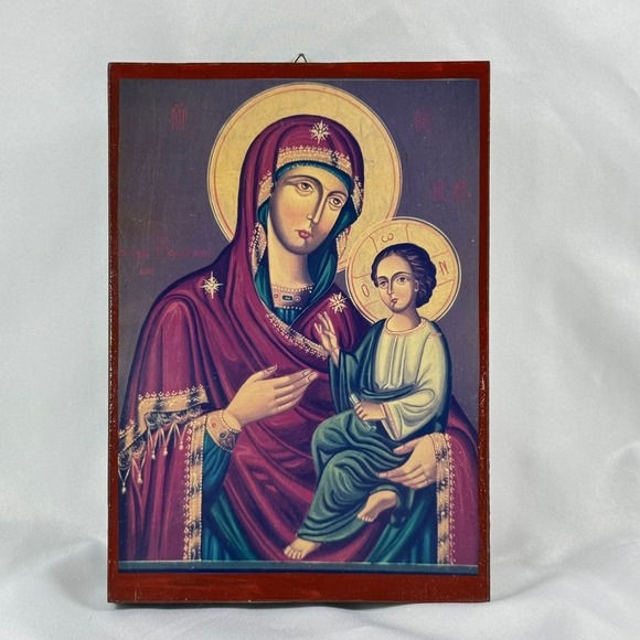 Unbranded Other - VTG Virgin Mary and Child Jesus Byzantine Orthodox Wooden Religious Icon Plaque